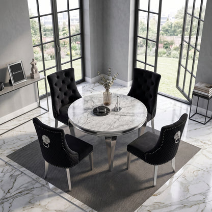 Louis Grey Marble Round Dining Set with Majestic Black Velvet Chairs