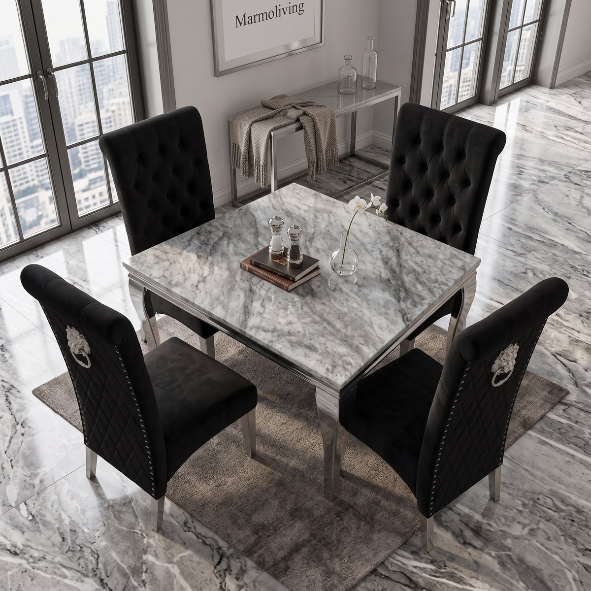 Louis Grey Marble Square Dining Set with Lucy Black Velvet Chairs