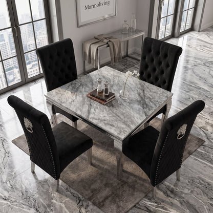 Louis Grey Marble Square Dining Set with Lucy Black Velvet Chairs