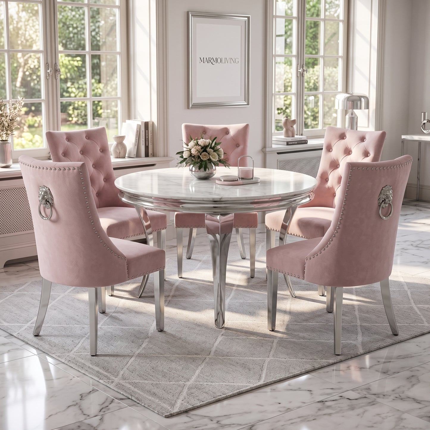 Louis White Marble Round Dining Set with Majestic Pink Velvet Chairs
