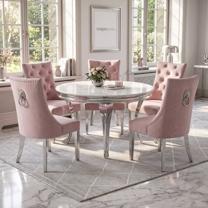 Louis White Marble Round Dining Set with Majestic Pink Velvet Chairs