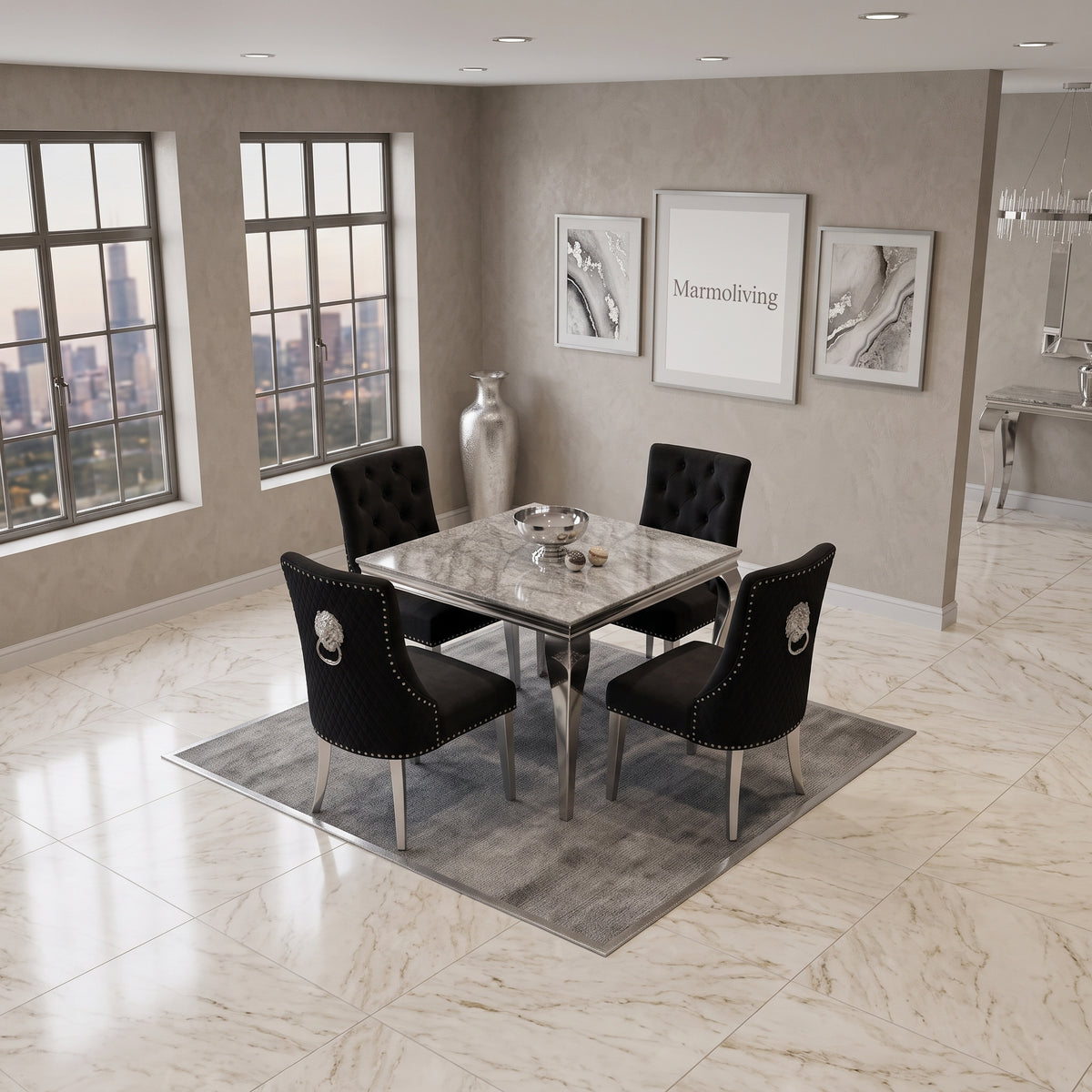 Louis Grey Marble Square Dining Set with Majestic Black Velvet Chairs