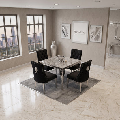 Louis Grey Marble Square Dining Set with Majestic Black Velvet Chairs