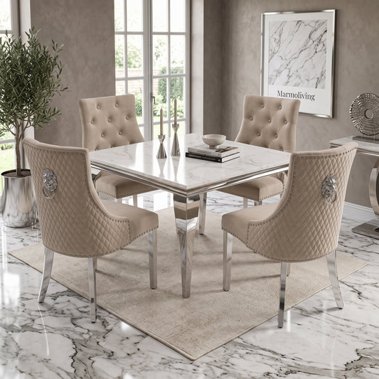 Louis White Marble Square Dining Set with Majestic Mink Velvet Chairs