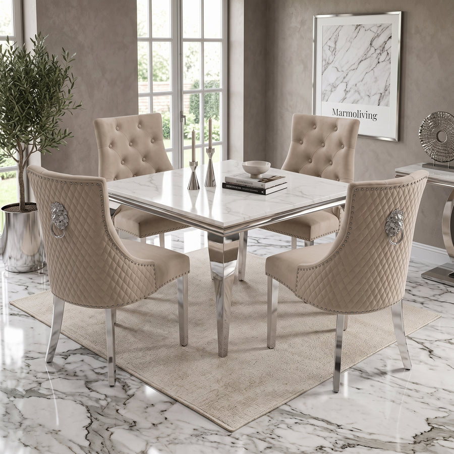 Louis White Marble Square Dining Set with Majestic Mink Velvet Chairs