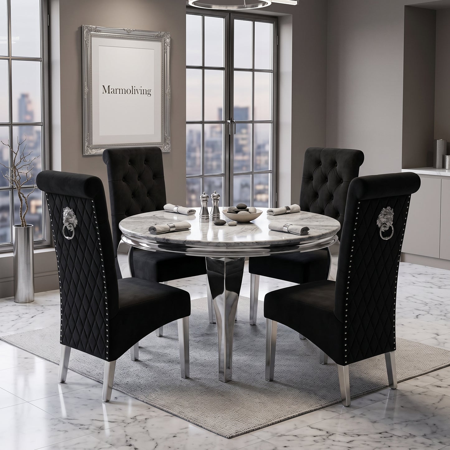 Louis Grey Marble Round Dining Set with Lucy Black Velvet Chairs