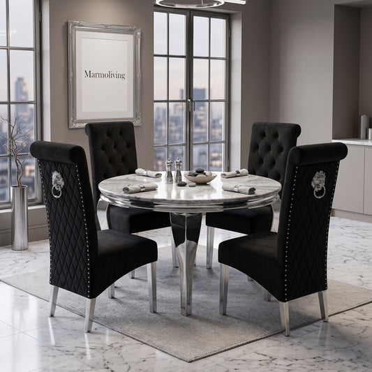 Louis Grey Marble Round Dining Set with Lucy Black Velvet Chairs