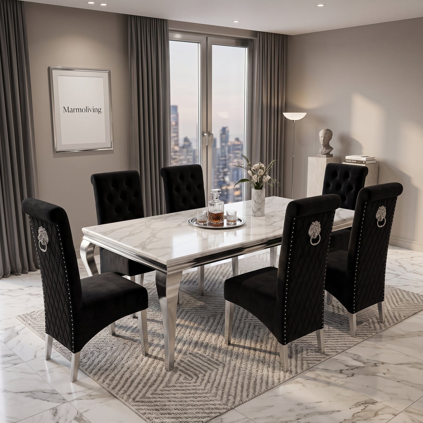 Louis White Marble Dining Set with Lucy Black Velvet Chairs