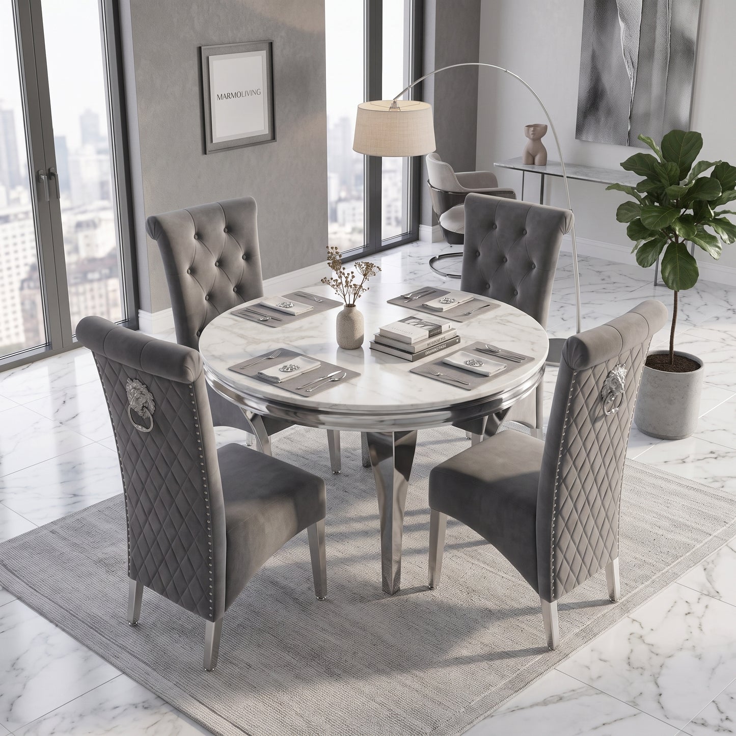 Louis White Marble Round Dining Set with Lucy Dark Grey Velvet Chairs