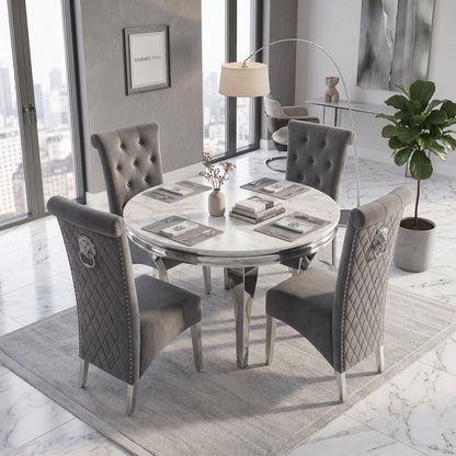 Louis White Marble Round Dining Set with Lucy Dark Grey Velvet Chairs