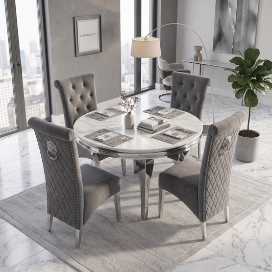 Louis White Marble Round Dining Set with Lucy Dark Grey Velvet Chairs