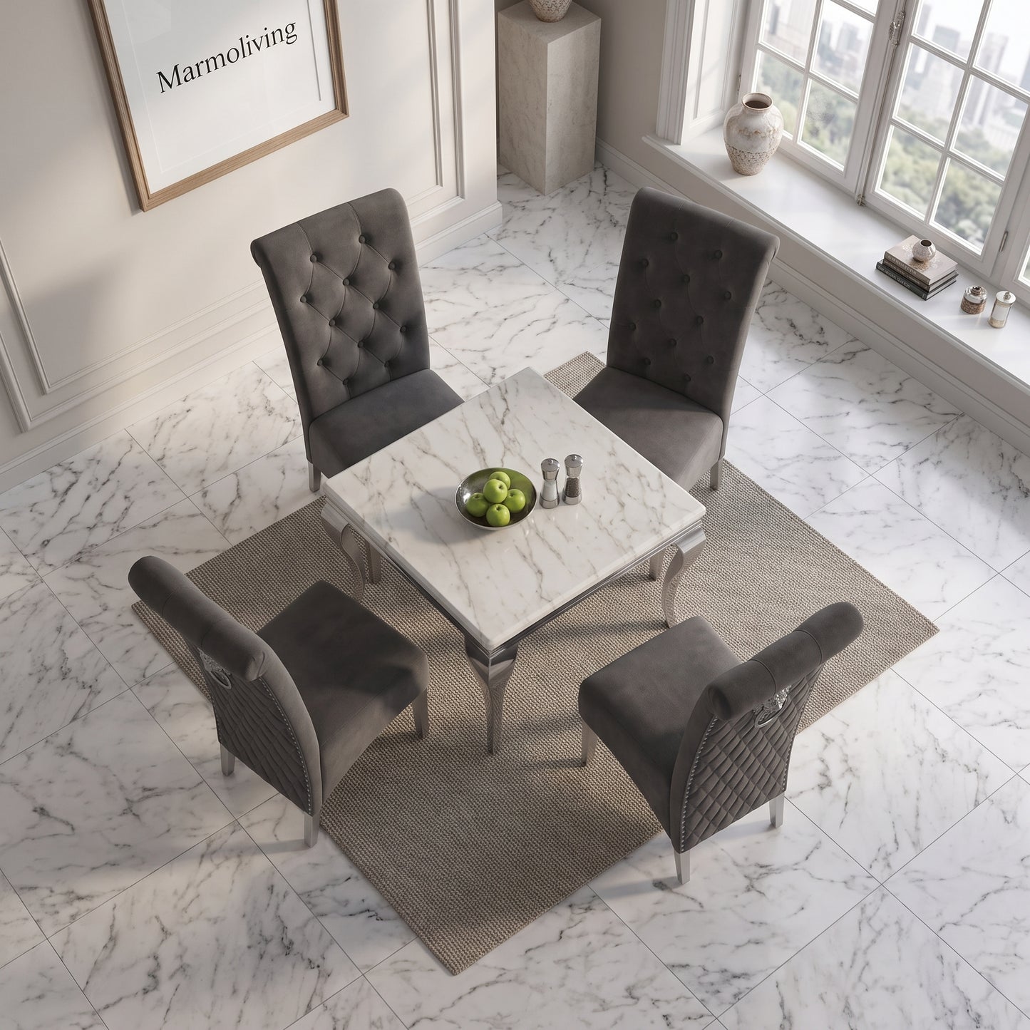 Louis White Marble Square Dining Set with Lucy Dark Grey Velvet Chairs