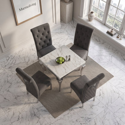 Louis White Marble Square Dining Set with Lucy Dark Grey Velvet Chairs