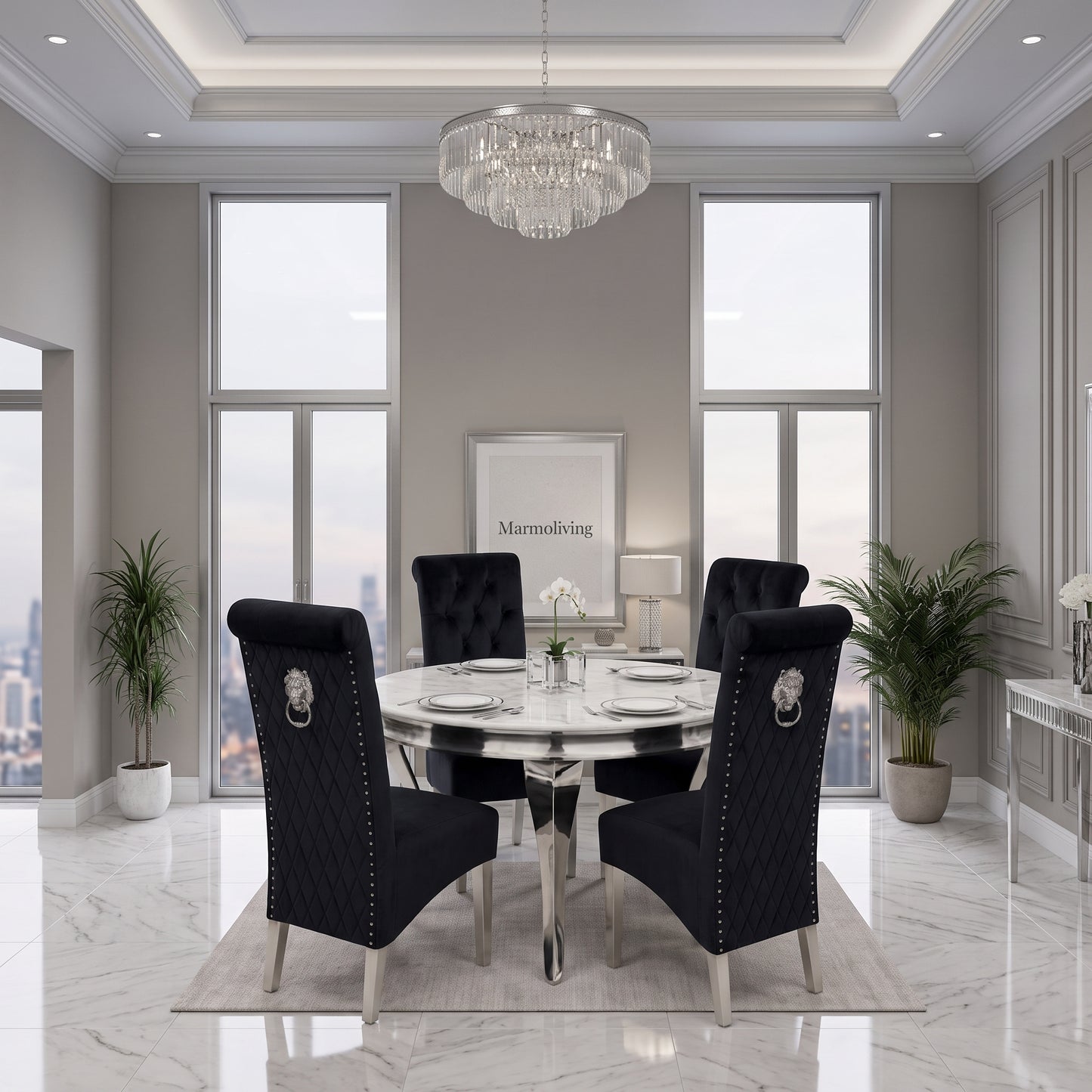 Louis White Marble Round Dining Set with Lucy Black Velvet Chairs