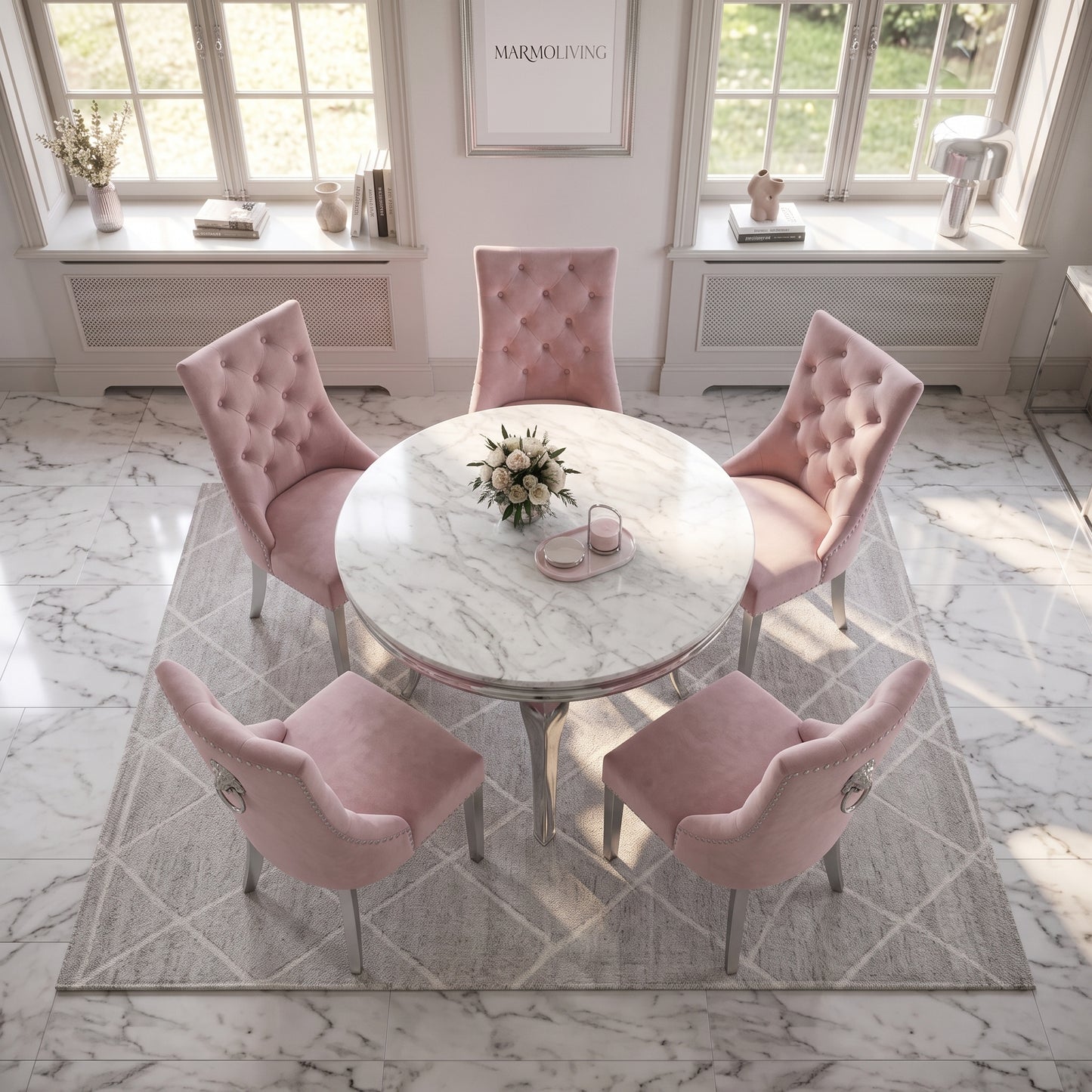 Louis White Marble Round Dining Set with Majestic Pink Velvet Chairs