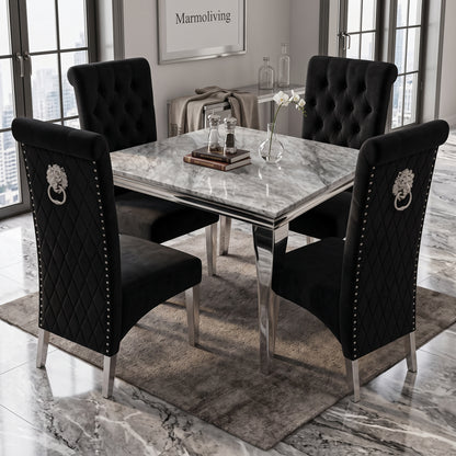 Louis Grey Marble Square Dining Set with Lucy Black Velvet Chairs