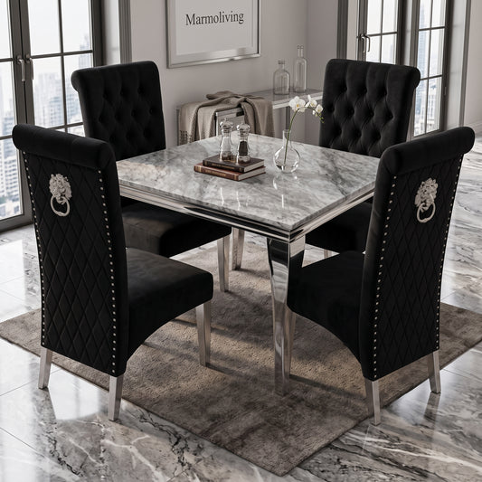 Louis Grey Marble Square Dining Set with Lucy Black Velvet Chairs