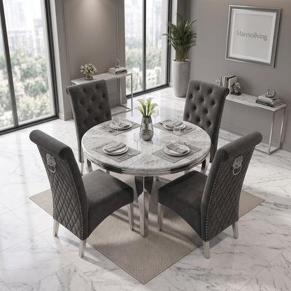 Louis Grey Marble Round Dining Set with Lucy Dark Grey Velvet Chairs