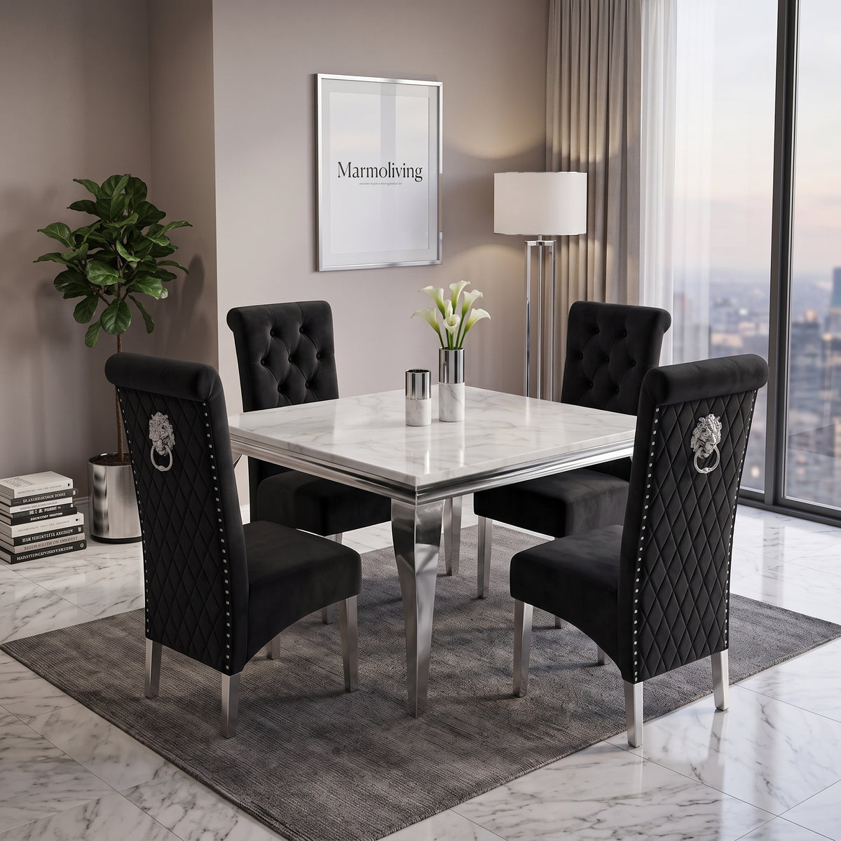 Louis White Marble Square Dining Set with Lucy Black Velvet Chairs