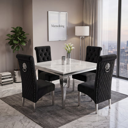 Louis White Marble Square Dining Set with Lucy Black Velvet Chairs