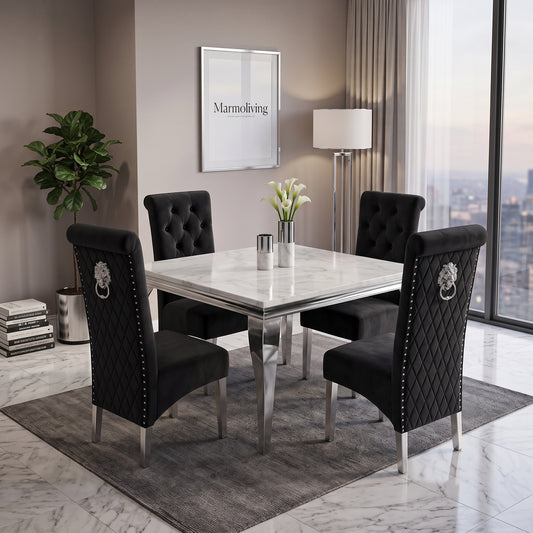Louis White Marble Square Dining Set with Lucy Black Velvet Chairs