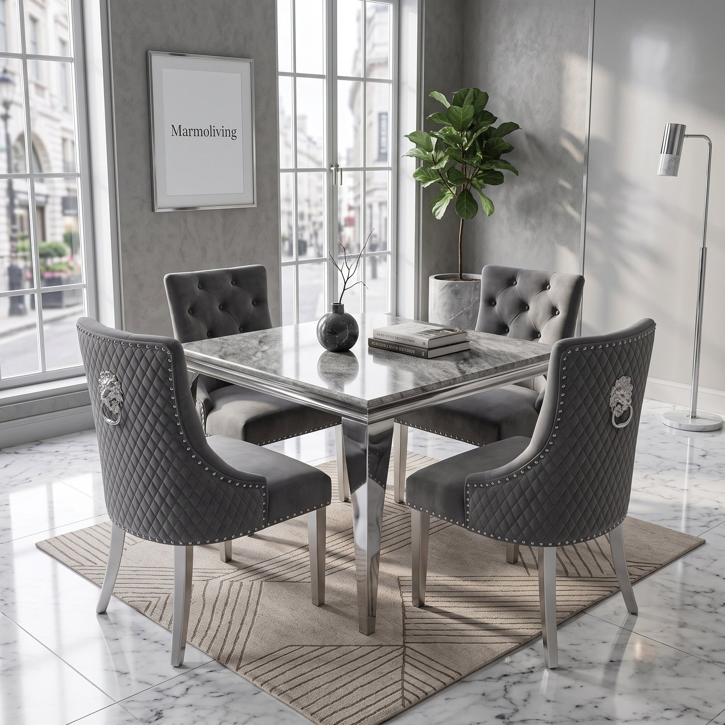 Louis Grey Marble Square Dining Set with Majestic Dark Grey Velvet Chairs