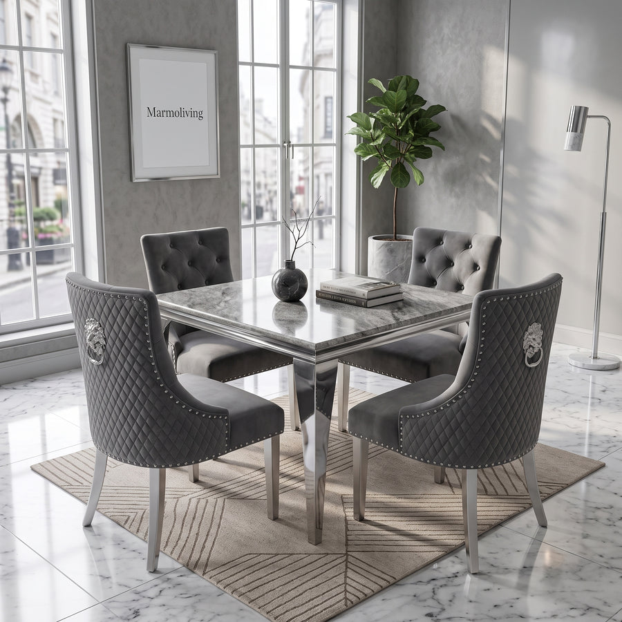 Louis Grey Marble Square Dining Set with Majestic Dark Grey Velvet Chairs
