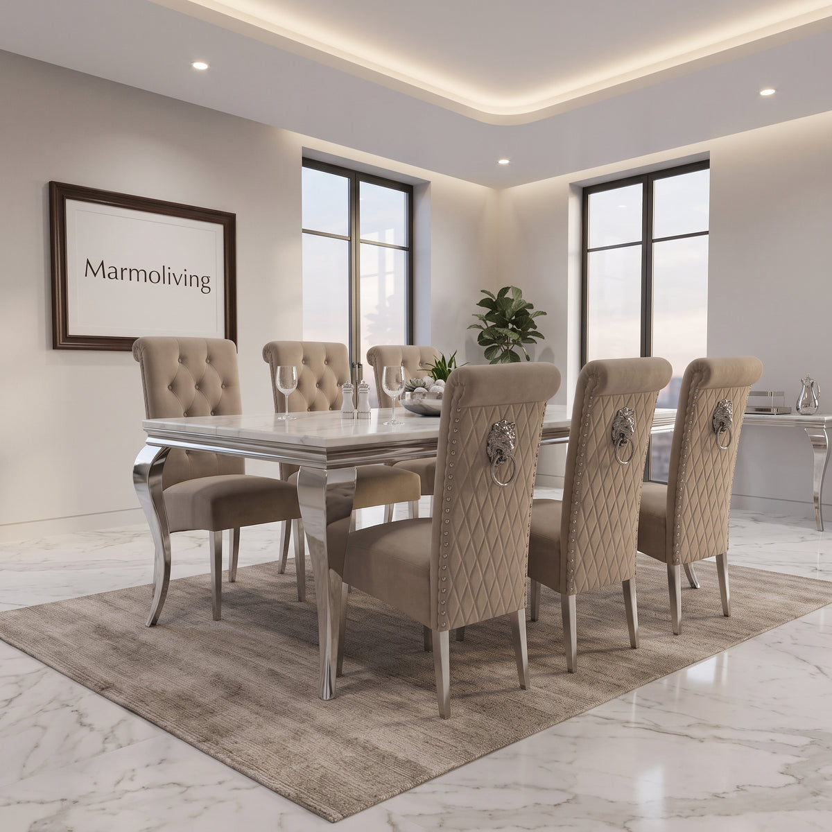 Louis White Marble Dining Set with Lucy Mink Velvet Chairs