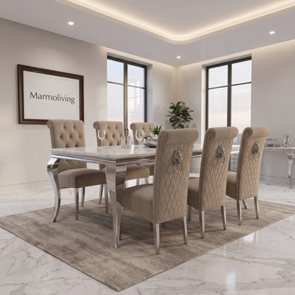 Louis White Marble Dining Set with Lucy Mink Velvet Chairs