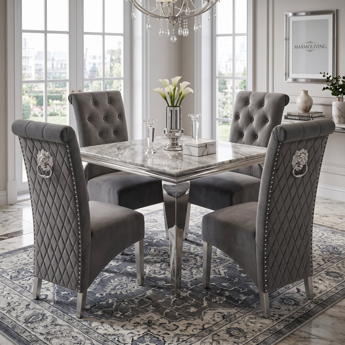 Louis Grey Marble Square Dining Set with Lucy Dark Grey Velvet Chairs