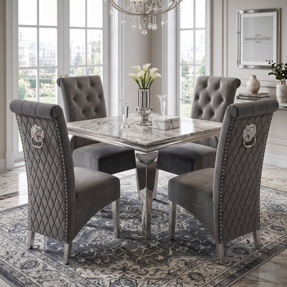 Louis Grey Marble Square Dining Set with Lucy Dark Grey Velvet Chairs