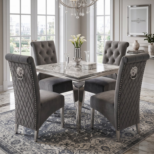 Louis Grey Marble Square Dining Set with Lucy Dark Grey Velvet Chairs