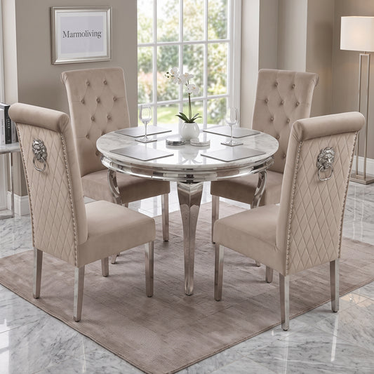 Louis White Marble Round Dining Set with Lucy Mink Velvet Chairs