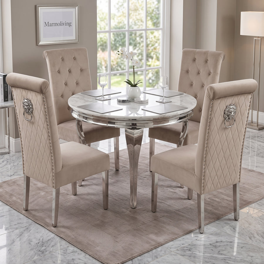 Louis White Marble Round Dining Set with Lucy Mink Velvet Chairs