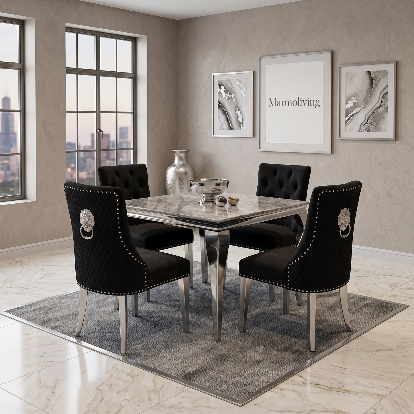 Louis Grey Marble Square Dining Set with Majestic Black Velvet Chairs