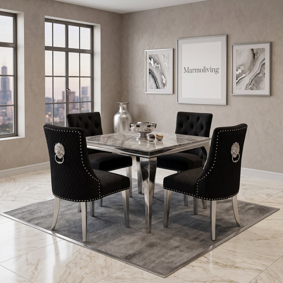 Louis Grey Marble Square Dining Set with Majestic Black Velvet Chairs