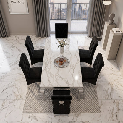 Louis White Marble Dining Set with Lucy Black Velvet Chairs