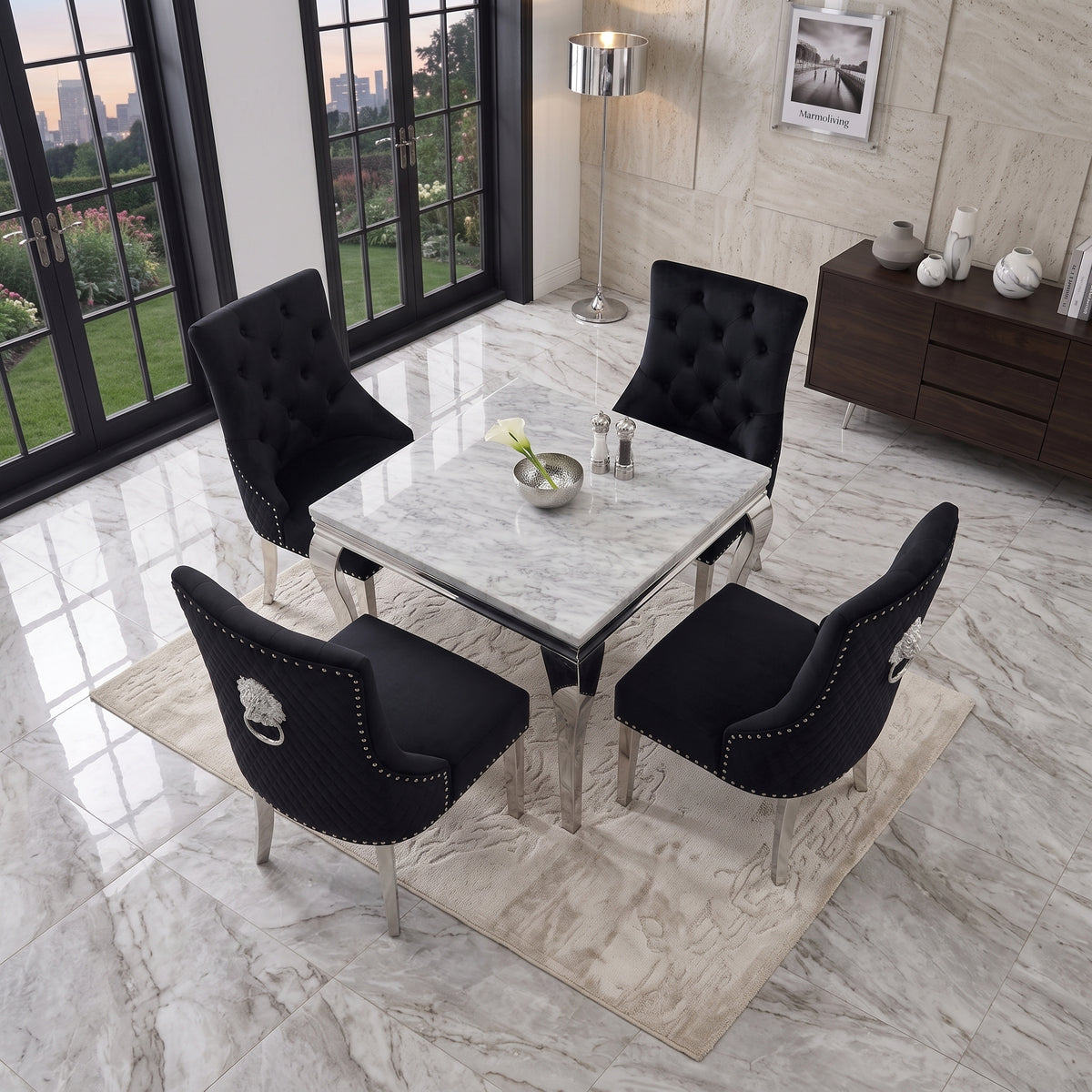 Louis White Marble Square Dining Set with Majestic Black Velvet Chairs