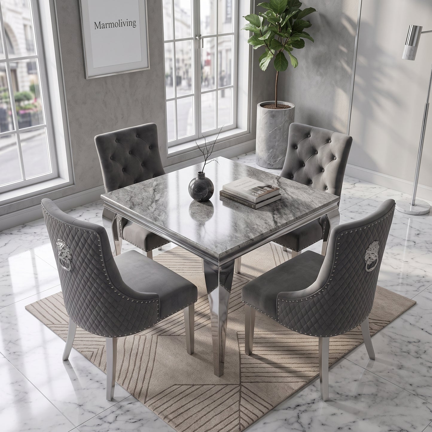 Louis Grey Marble Square Dining Set with Majestic Dark Grey Velvet Chairs