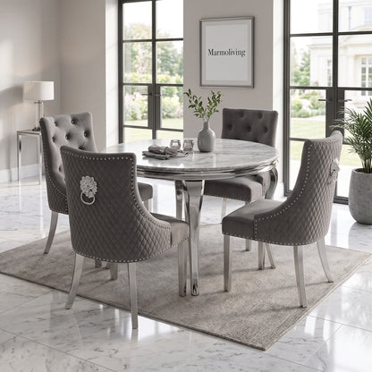 Louis Grey Marble Round Dining Set with Majestic Dark Grey Velvet Chairs