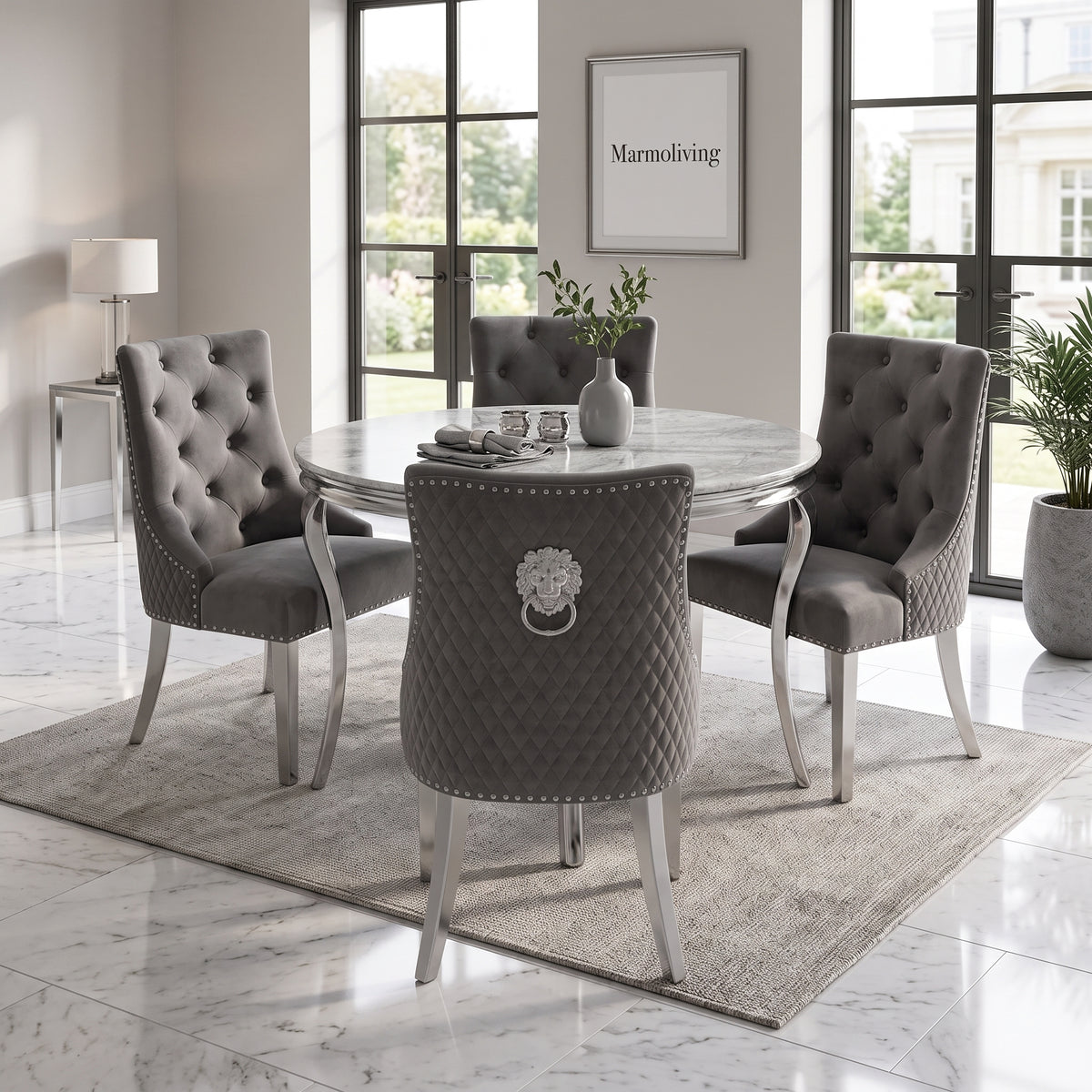 Louis Grey Marble Round Dining Set with Majestic Dark Grey Velvet Chairs
