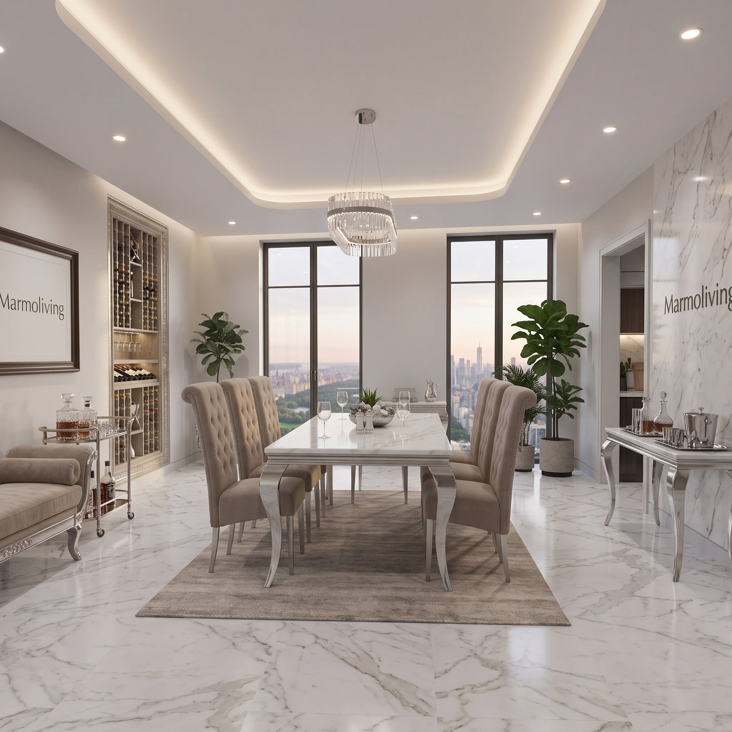 Louis White Marble Dining Set with Lucy Mink Velvet Chairs