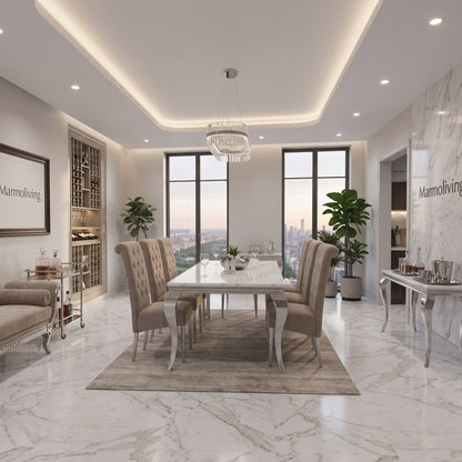 Louis White Marble Dining Set with Lucy Mink Velvet Chairs