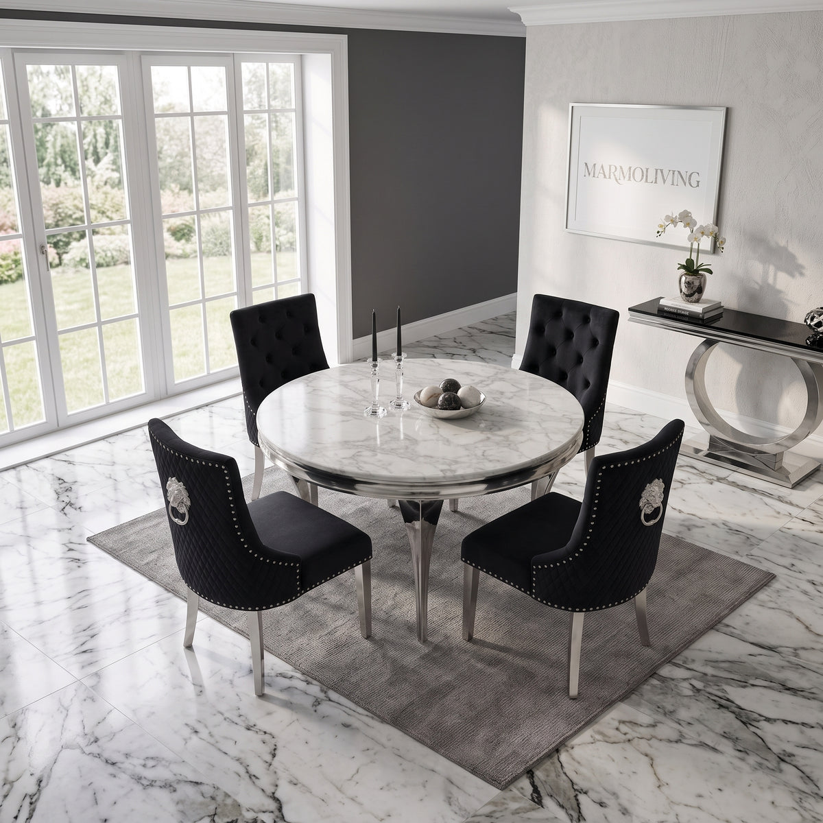 Louis White Marble Round Dining Set with Majestic Black Velvet Chairs