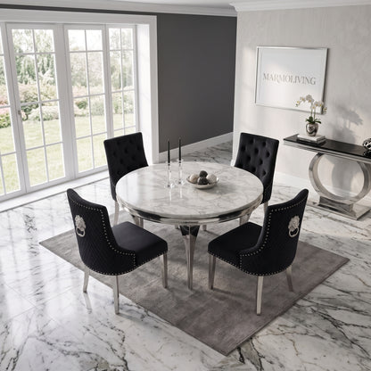 Louis White Marble Round Dining Set with Majestic Black Velvet Chairs
