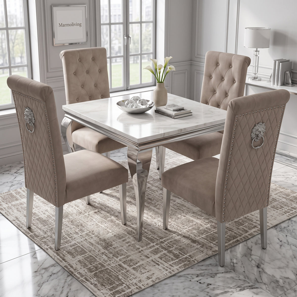 Louis White Marble Square Dining Set with Lucy Mink Velvet Chairs