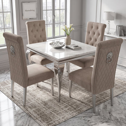 Louis White Marble Square Dining Set with Lucy Mink Velvet Chairs