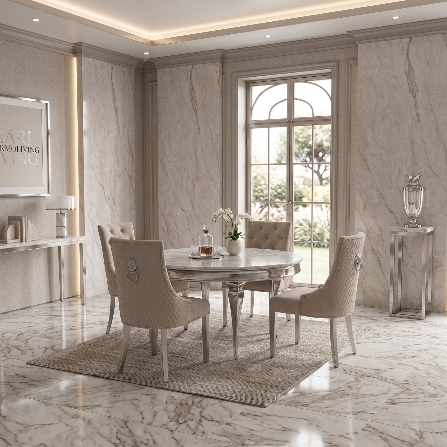 Louis White Marble Round Dining Set with Majestic Mink Velvet Chairs