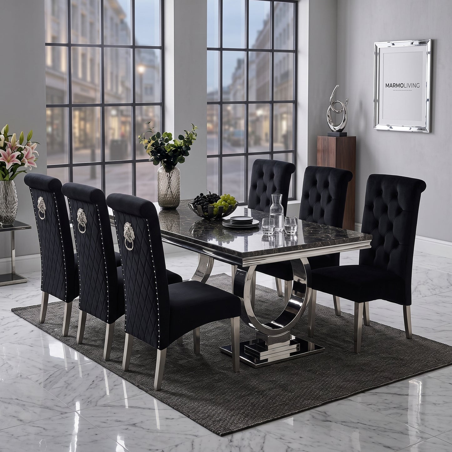 Ariana Black Marble Dining Set with Lucy Black Velvet Chairs