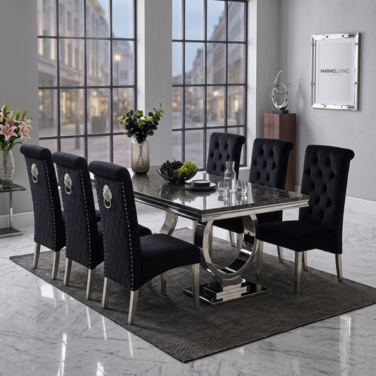Ariana Black Marble Dining Set with Lucy Black Velvet Chairs